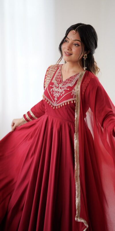 Red Roman Silk Lace Work Border Gown | Gowns, Bollywood Gowns, Creative Gowns, Designer Gowns, Embroidered Gowns, Party Wear Gowns