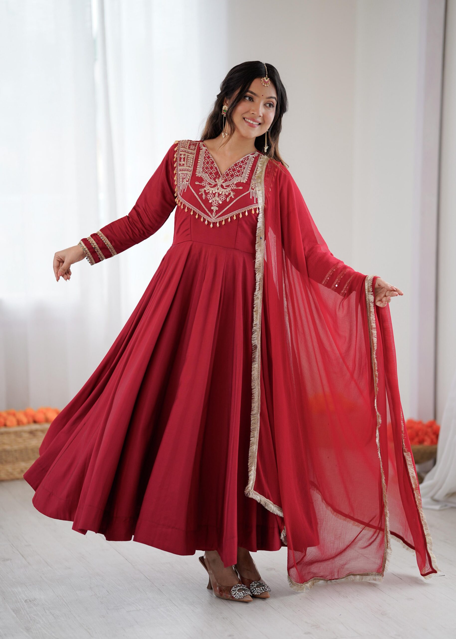 Red Roman Silk Lace Work Border Gown | Gowns, Bollywood Gowns, Creative Gowns, Designer Gowns, Embroidered Gowns, Party Wear Gowns