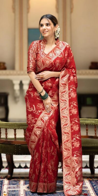 Red Soft Litchi Silk All Over Weaving Saree | Sarees, Bollywood Sarees, Creative Sarees, Designer Sarees, Embroidered Sarees, Ethnic Saree, Modern Digital sarees, Party Wear Sarees