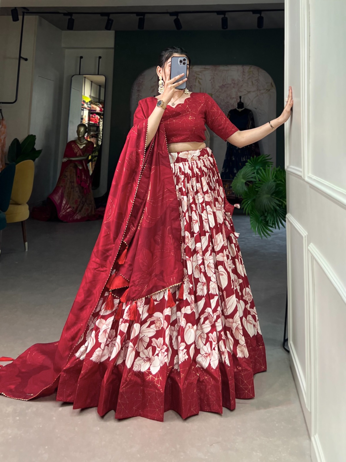 Red Tasar Silk Floral Print With Foil Print Lehenga Choli | Lehenga, Bollywood Lehenga, Creative Lehenga, Designer Lehenga, Embroidered Lehenga, Party Wear Lehenga