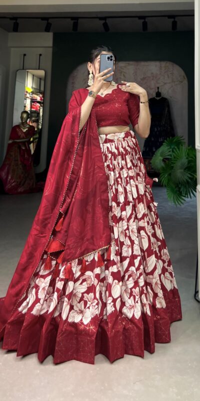 Red Tasar Silk Floral Print With Foil Print Lehenga Choli | Lehenga, Bollywood Lehenga, Creative Lehenga, Designer Lehenga, Embroidered Lehenga, Party Wear Lehenga