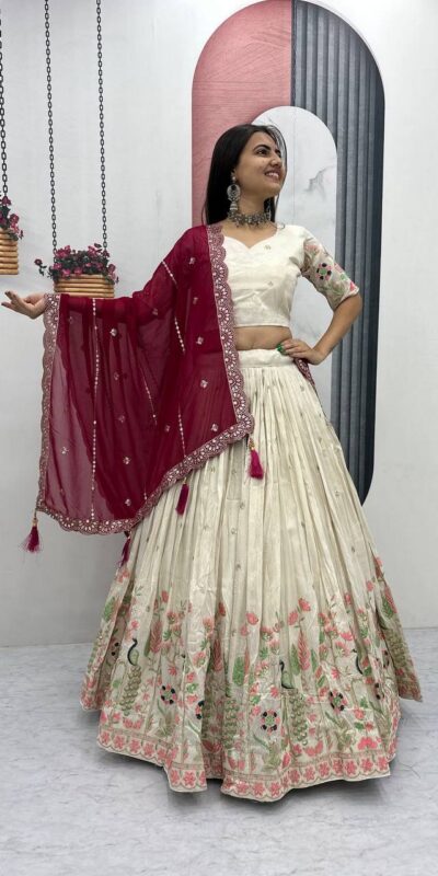 Red Tissue Silk Lace Thread Work Lehenga Choli | Lehenga, Bollywood Lehenga, Creative Lehenga, Designer Lehenga, Embroidered Lehenga, Party Wear Lehenga