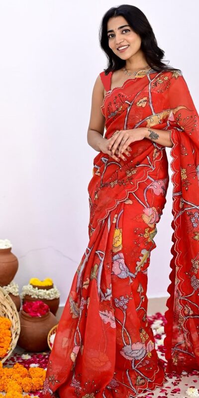 Red Vichitra Silk Digital Prints Mirror Sequence Work Saree | Sarees, Bollywood Sarees, Creative Sarees, Designer Sarees, Embroidered Sarees, Ethnic Saree, Modern Digital sarees, Party Wear Sarees