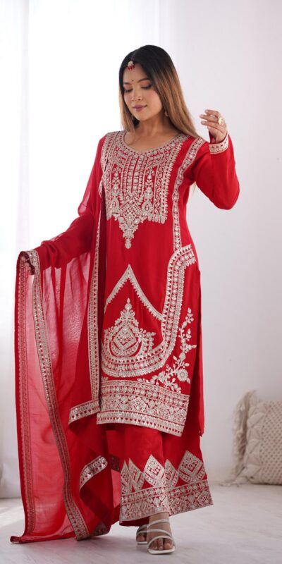 Red Vichitra Silk Embroidery Sequence Salwar Suit | Jump Suits, Salwar suit, Casual Suits, Creative suits, Designer Suits, Palazzo Suits, Party Wear Suits, Patiala Suits, Straight Suits
