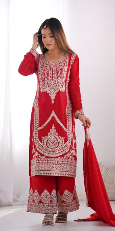 Red Vichitra Silk Embroidery Sequence Salwar Suit | Jump Suits, Salwar suit, Casual Suits, Creative suits, Designer Suits, Palazzo Suits, Party Wear Suits, Patiala Suits, Straight Suits