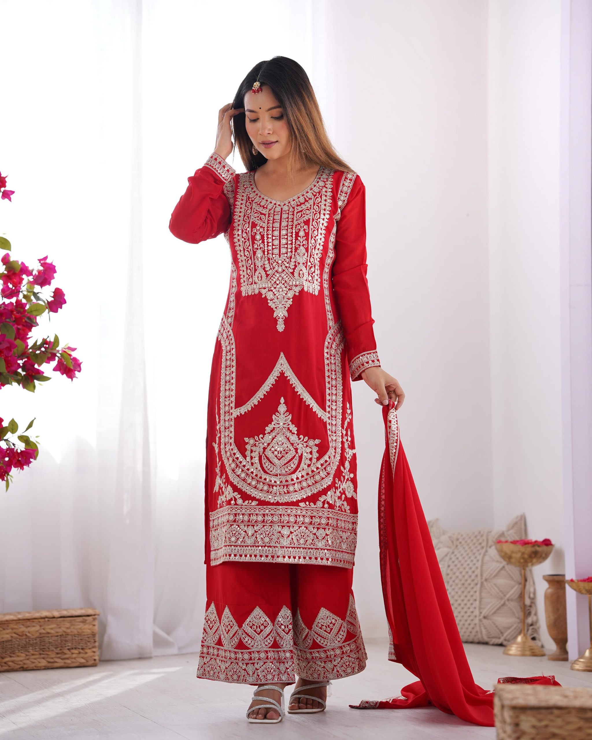 Red Vichitra Silk Embroidery Sequence Salwar Suit | Jump Suits, Salwar suit, Casual Suits, Creative suits, Designer Suits, Palazzo Suits, Party Wear Suits, Patiala Suits, Straight Suits