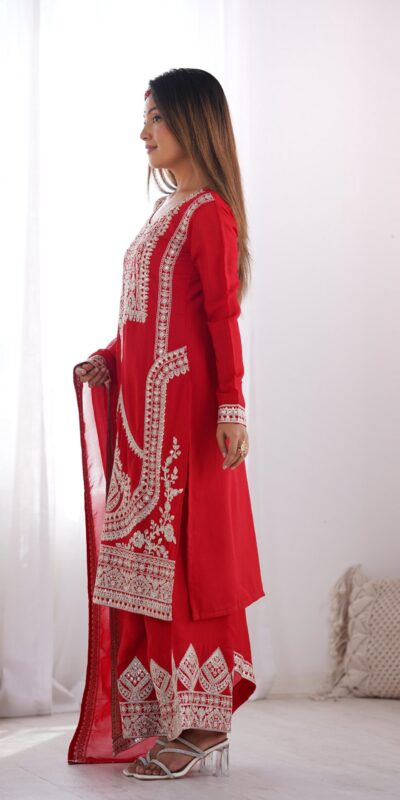 Red Vichitra Silk Embroidery Sequence Salwar Suit | Jump Suits, Salwar suit, Casual Suits, Creative suits, Designer Suits, Palazzo Suits, Party Wear Suits, Patiala Suits, Straight Suits