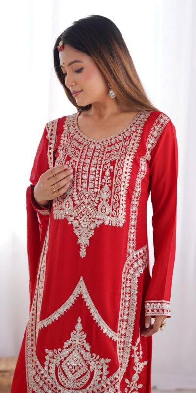 Red Vichitra Silk Embroidery Sequence Salwar Suit | Jump Suits, Salwar suit, Casual Suits, Creative suits, Designer Suits, Palazzo Suits, Party Wear Suits, Patiala Suits, Straight Suits