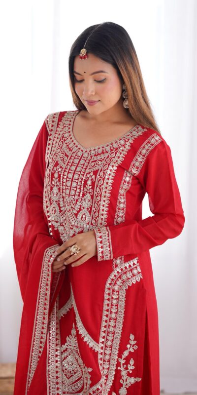 Red Vichitra Silk Embroidery Sequence Salwar Suit | Jump Suits, Salwar suit, Casual Suits, Creative suits, Designer Suits, Palazzo Suits, Party Wear Suits, Patiala Suits, Straight Suits