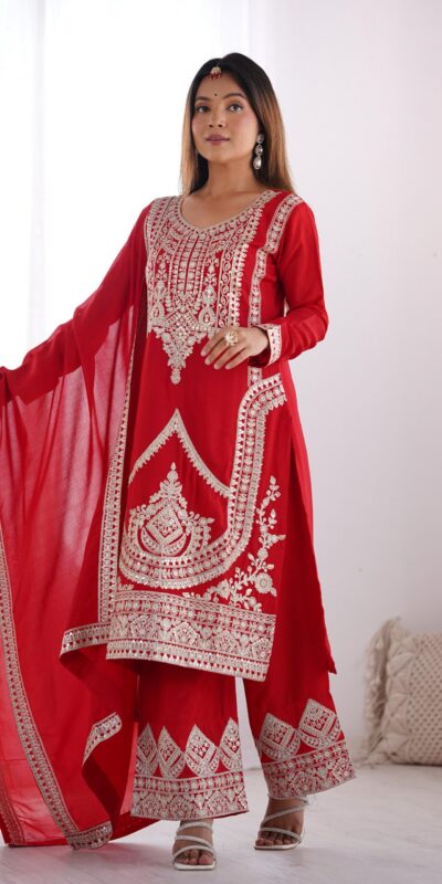 Red Vichitra Silk Embroidery Sequence Salwar Suit | Jump Suits, Salwar suit, Casual Suits, Creative suits, Designer Suits, Palazzo Suits, Party Wear Suits, Patiala Suits, Straight Suits