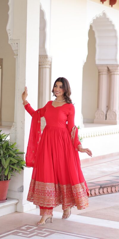Red Vichitra Silk Embroidery Sequins Work Gown | Gowns, Bollywood Gowns, Creative Gowns, Designer Gowns, Embroidered Gowns, Party Wear Gowns