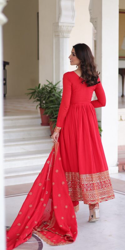 Red Vichitra Silk Embroidery Sequins Work Gown | Gowns, Bollywood Gowns, Creative Gowns, Designer Gowns, Embroidered Gowns, Party Wear Gowns