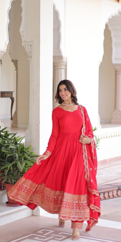 Red Vichitra Silk Embroidery Sequins Work Gown | Gowns, Bollywood Gowns, Creative Gowns, Designer Gowns, Embroidered Gowns, Party Wear Gowns