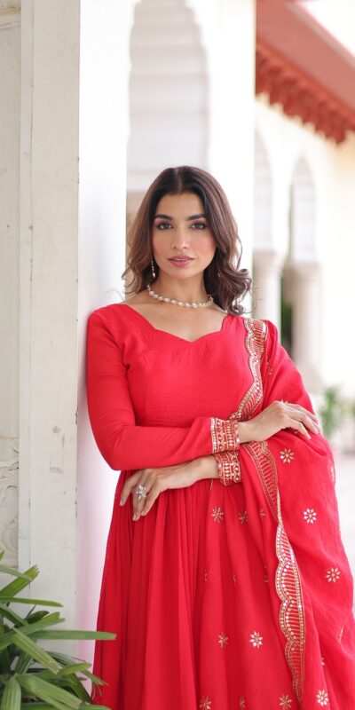 Red Vichitra Silk Embroidery Sequins Work Gown | Gowns, Bollywood Gowns, Creative Gowns, Designer Gowns, Embroidered Gowns, Party Wear Gowns