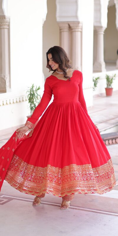 Red Vichitra Silk Embroidery Sequins Work Gown | Gowns, Bollywood Gowns, Creative Gowns, Designer Gowns, Embroidered Gowns, Party Wear Gowns