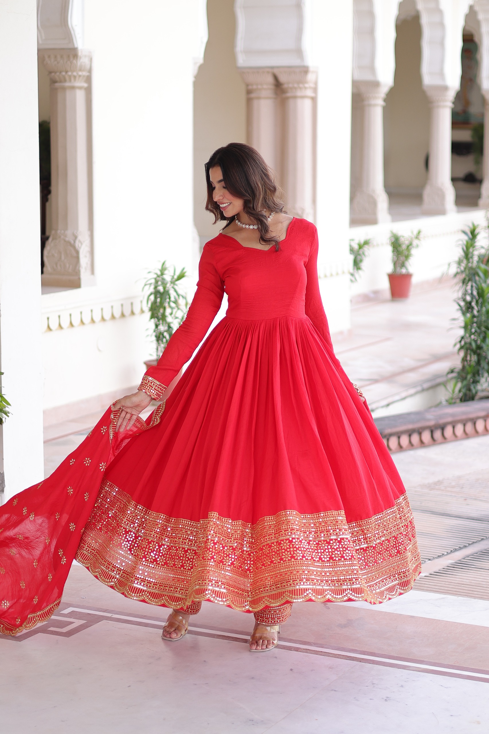 Red Vichitra Silk Embroidery Sequins Work Gown | Gowns, Bollywood Gowns, Creative Gowns, Designer Gowns, Embroidered Gowns, Party Wear Gowns