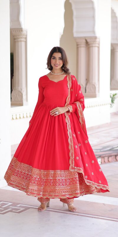 Red Vichitra Silk Embroidery Sequins Work Gown | Gowns, Bollywood Gowns, Creative Gowns, Designer Gowns, Embroidered Gowns, Party Wear Gowns