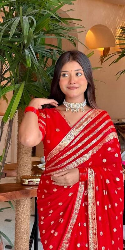 Red Viscose Georgette With Jacquard Zari Saree | Sarees, Bollywood Sarees, Creative Sarees, Designer Sarees, Embroidered Sarees, Ethnic Saree, Modern Digital sarees, Party Wear Sarees