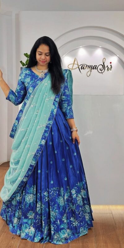 Royal Blue Chinon Digital Print Lehenga Choli | Lehenga, Bollywood Lehenga, Creative Lehenga, Designer Lehenga, Embroidered Lehenga, Party Wear Lehenga