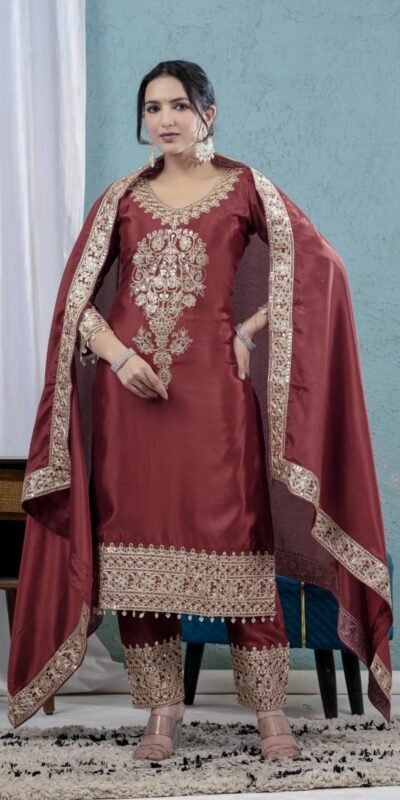 Rust Chinon Silk Lace Embroidery Work Salwar Suit | Jump Suits, Salwar suit, Casual Suits, Creative suits, Designer Suits, Palazzo Suits, Party Wear Suits, Patiala Suits, Straight Suits