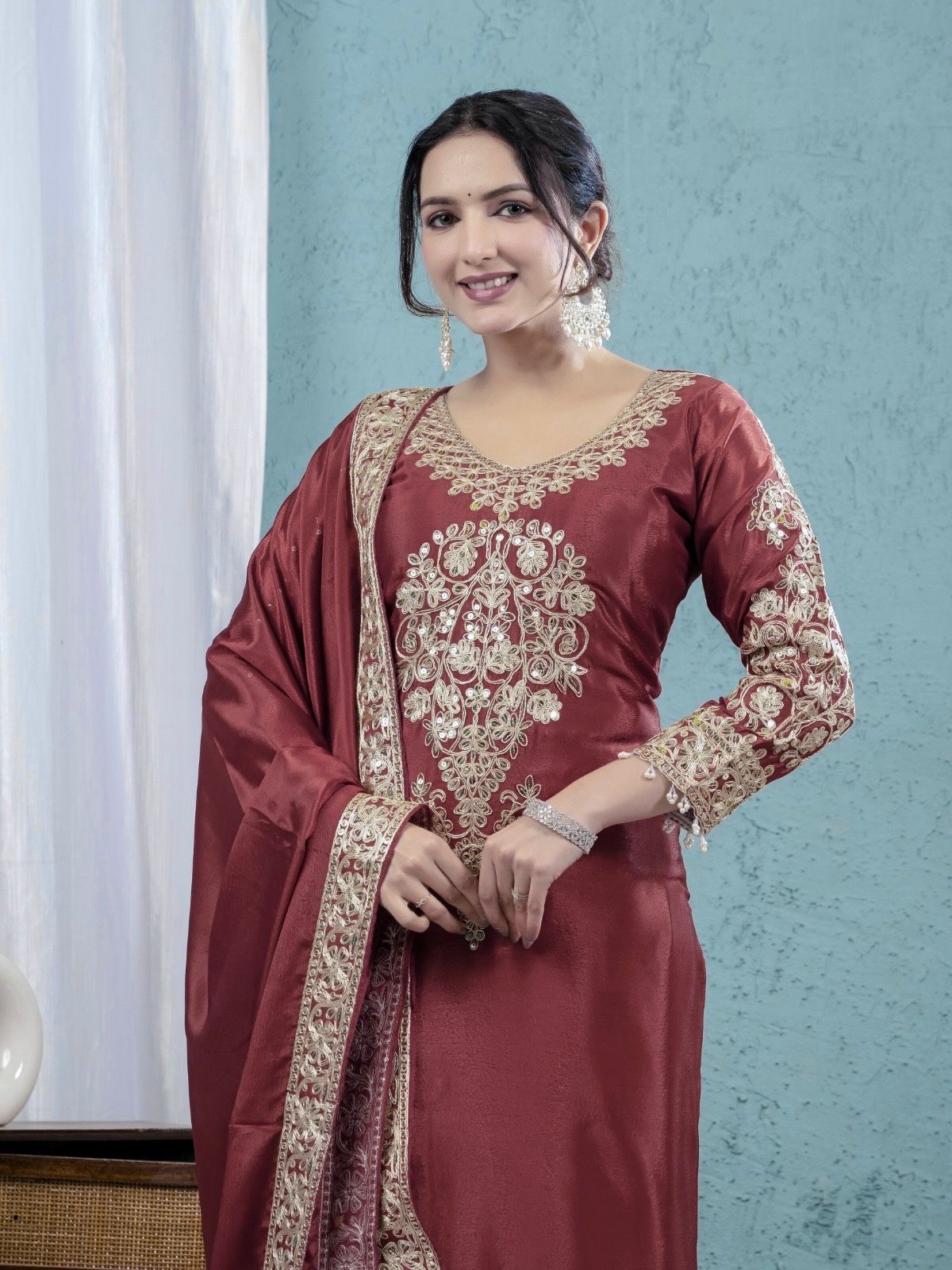 Rust Chinon Silk Lace Embroidery Work Salwar Suit | Jump Suits, Salwar suit, Casual Suits, Creative suits, Designer Suits, Palazzo Suits, Party Wear Suits, Patiala Suits, Straight Suits