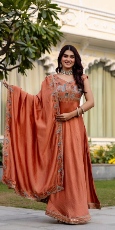 Rust Vichitra Silk Embroider Work Gown | Gowns, Bollywood Gowns, Creative Gowns, Designer Gowns, Embroidered Gowns, Party Wear Gowns