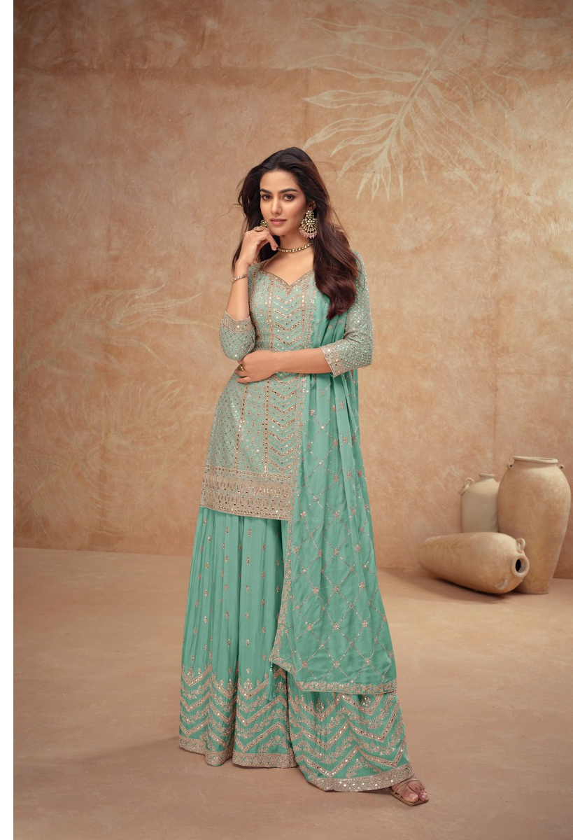 Sea Green Chinon Embroidery Work Salwar Suit | Jump Suits, Salwar suit, Casual Suits, Creative suits, Designer Suits, Palazzo Suits, Party Wear Suits, Patiala Suits, Straight Suits