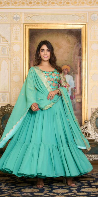 Sea Green Faux Fox Georgette Embroider Zecard Work Gown | Gowns, Bollywood Gowns, Creative Gowns, Designer Gowns, Embroidered Gowns, Party Wear Gowns, Straight Suits