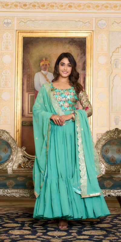 Sea Green Faux Fox Georgette Embroider Zecard Work Gown | Gowns, Bollywood Gowns, Creative Gowns, Designer Gowns, Embroidered Gowns, Party Wear Gowns, Straight Suits