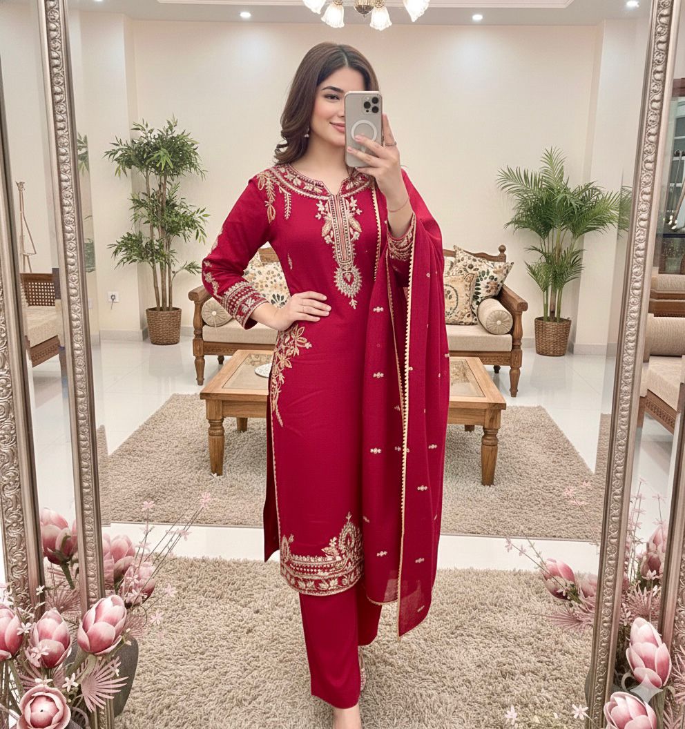 Shiny Red Roman Silk Embroidery Work Salwar Suit | Jump Suits, Salwar suit, Casual Suits, Creative suits, Designer Suits, Palazzo Suits, Party Wear Suits, Patiala Suits, Straight Suits