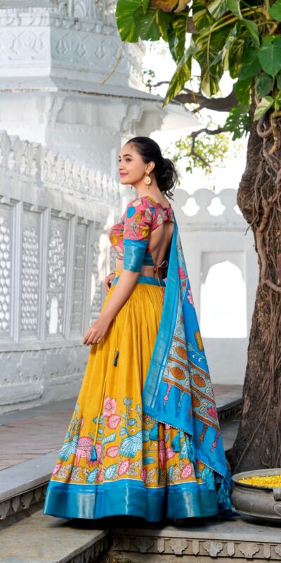 Sky Blue Dola Silk Print Zari Border Lehenga Choli | Lehenga, Bollywood Lehenga, Creative Lehenga, Designer Lehenga, Embroidered Lehenga, Party Wear Lehenga