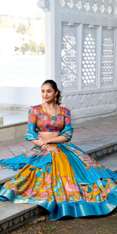 Sky Blue Dola Silk Print Zari Border Lehenga Choli | Lehenga, Bollywood Lehenga, Creative Lehenga, Designer Lehenga, Embroidered Lehenga, Party Wear Lehenga