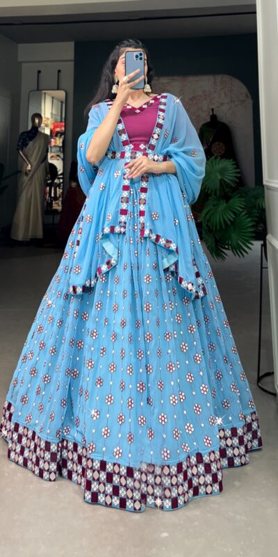 Sky Blue Georgette Mirror Work Lehenga Choli | Lehenga, Bollywood Lehenga, Creative Lehenga, Designer Lehenga, Embroidered Lehenga, Party Wear Lehenga