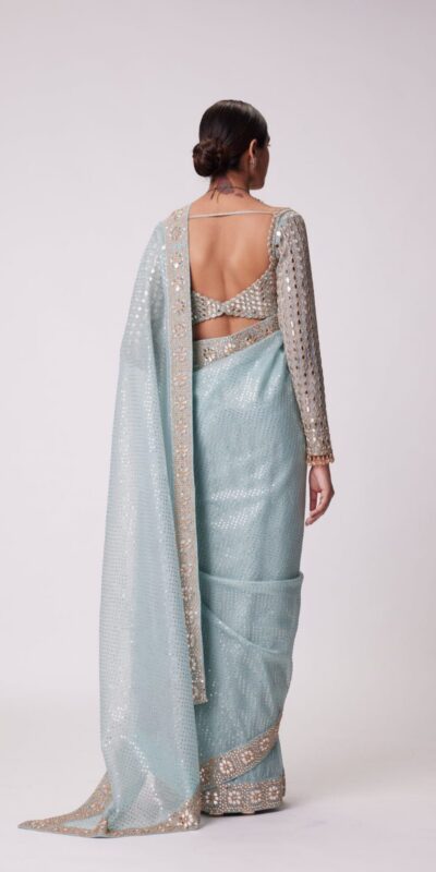 Sky Blue Georgette Sequins Saree | Sarees, Bollywood Sarees, Creative Sarees, Designer Sarees, Embroidered Sarees, Ethnic Saree, Modern Digital sarees, Party Wear Sarees