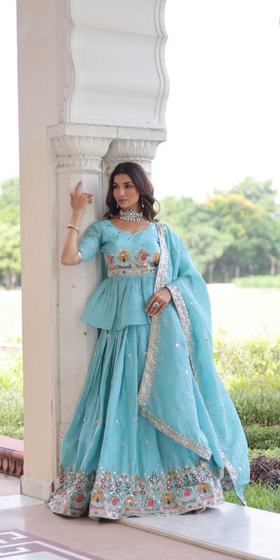 Sky Blue Gold Crush Embroidery Zari Work Lehenga Choli | Lehenga, Bollywood Lehenga, Creative Lehenga, Designer Lehenga, Embroidered Lehenga, Party Wear Lehenga