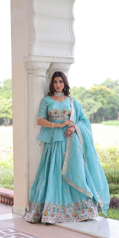 Sky Blue Gold Crush Embroidery Zari Work Lehenga Choli | Lehenga, Bollywood Lehenga, Creative Lehenga, Designer Lehenga, Embroidered Lehenga, Party Wear Lehenga