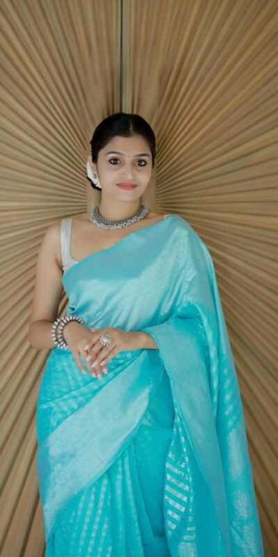 Sky Blue Lichi Silk Jacquard Saree | Sarees, Bollywood Sarees, Creative Sarees, Designer Sarees, Embroidered Sarees, Ethnic Saree, Modern Digital sarees, Party Wear Sarees