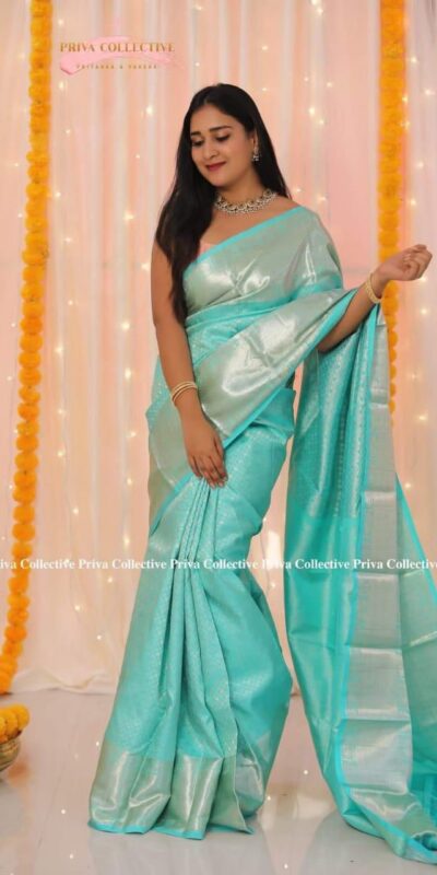 Sky Blue Lichi Silk Jacquard Saree | Sarees, Bollywood Sarees, Creative Sarees, Designer Sarees, Embroidered Sarees, Ethnic Saree, Modern Digital sarees, Party Wear Sarees