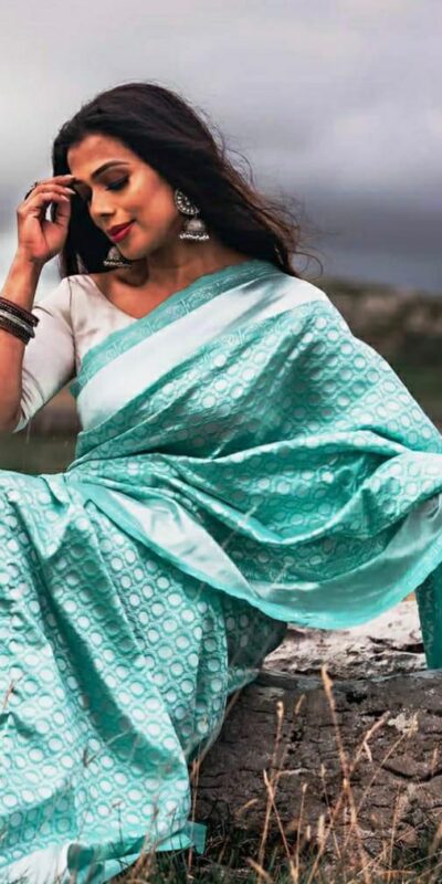 Sky Blue Lichi Silk Jacquard Saree | Sarees, Bollywood Sarees, Creative Sarees, Designer Sarees, Embroidered Sarees, Ethnic Saree, Modern Digital sarees, Party Wear Sarees