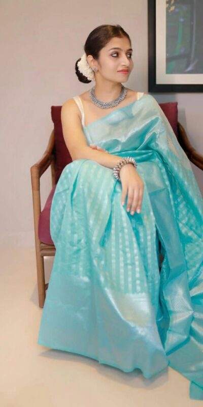 Sky Blue Lichi Silk Jacquard Saree | Sarees, Bollywood Sarees, Creative Sarees, Designer Sarees, Embroidered Sarees, Ethnic Saree, Modern Digital sarees, Party Wear Sarees