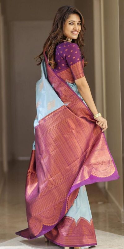 Sky Blue Lichi Silk Jacquard Work Saree | Sarees, Bollywood Sarees, Creative Sarees, Designer Sarees, Embroidered Sarees, Ethnic Saree, Modern Digital sarees, Party Wear Sarees