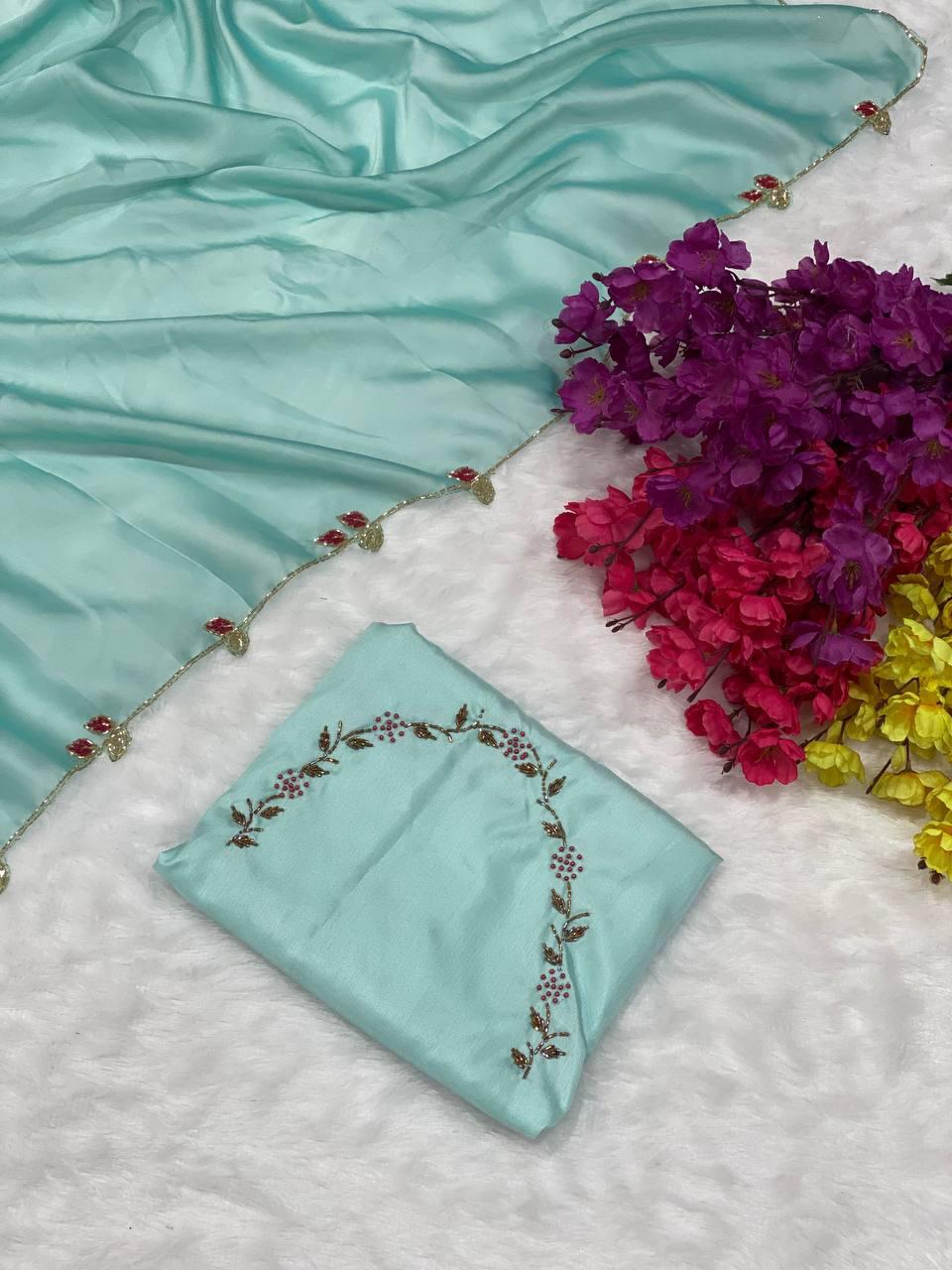 Sky Blue Rangoli Silk Handwork And Cutwork With Pearl Saree | Sarees, Bollywood Sarees, Creative Sarees, Designer Sarees, Embroidered Sarees, Ethnic Saree, Modern Digital sarees, Party Wear Sarees