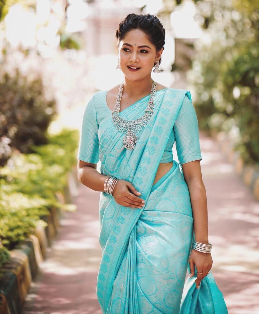 Sky Blue Soft Litchi Silk Jacquard Work On All Over Saree | Sarees, Bollywood Sarees, Creative Sarees, Designer Sarees, Embroidered Sarees, Ethnic Saree, Modern Digital sarees, Party Wear Sarees