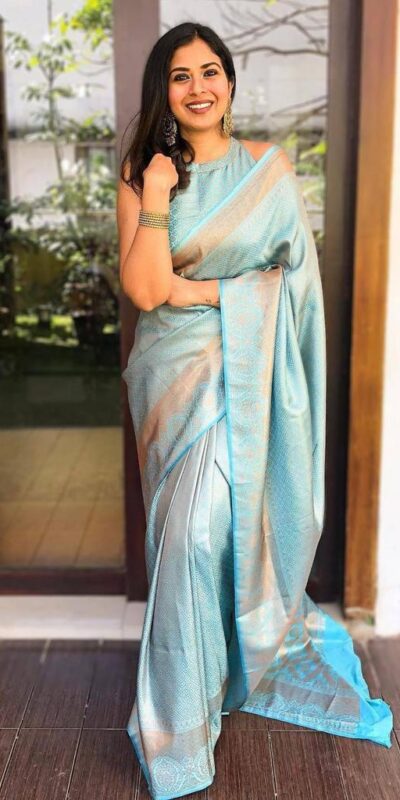 Sky Blue Soft Litchi Silk Jacquard Work On All Over Saree | Sarees, Bollywood Sarees, Creative Sarees, Designer Sarees, Embroidered Sarees, Ethnic Saree, Modern Digital sarees, Party Wear Sarees