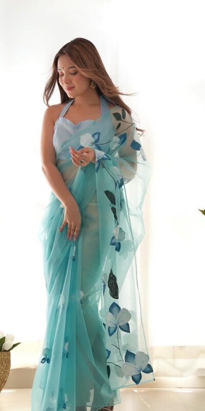 Sky Blue Soft Organza Silk Ready To Wear Saree | Sarees, Bollywood Sarees, Creative Sarees, Designer Sarees, Embroidered Sarees, Ethnic Saree, Modern Digital sarees, Party Wear Sarees