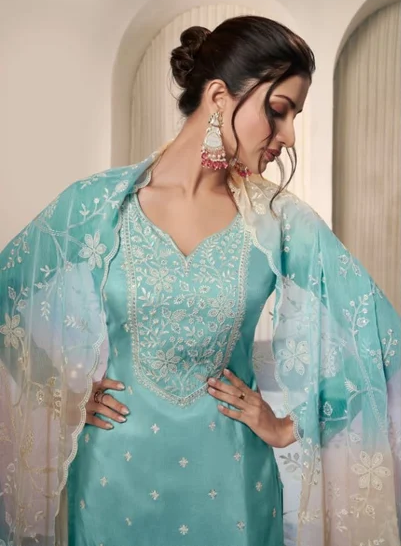 Sky Blue Vichitra Digital Print Embroidery Work Salwar Suit | Jump Suits, Salwar suit, Casual Suits, Creative suits, Designer Suits, Palazzo Suits, Party Wear Suits, Patiala Suits, Straight Suits