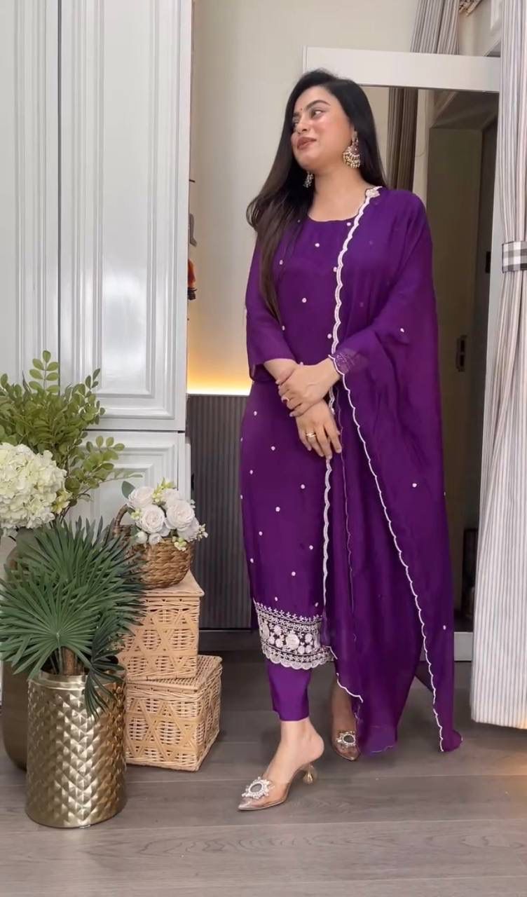 Solid Purple Chinon Silk Embroidery Work Sawlar Suit | Jump Suits, Salwar suit, Casual Suits, Creative suits, Designer Suits, Palazzo Suits, Party Wear Suits, Patiala Suits, Straight Suits