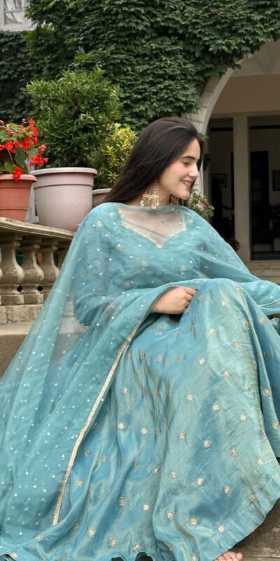 Solid Sky Blue Vichitra Silk Sequence Work Gown | Gowns, Bollywood Gowns, Creative Gowns, Designer Gowns, Embroidered Gowns, Party Wear Gowns