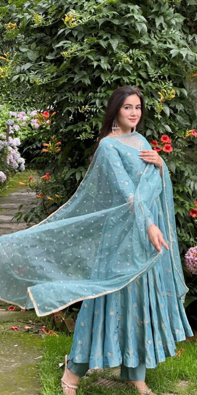 Solid Sky Blue Vichitra Silk Sequence Work Gown | Gowns, Bollywood Gowns, Creative Gowns, Designer Gowns, Embroidered Gowns, Party Wear Gowns