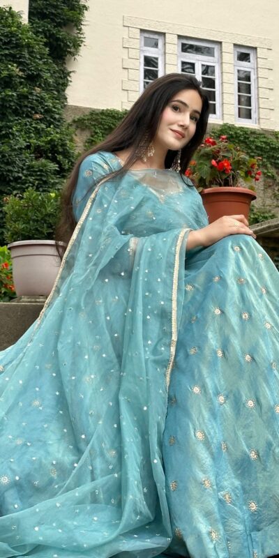 Solid Sky Blue Vichitra Silk Sequence Work Gown | Gowns, Bollywood Gowns, Creative Gowns, Designer Gowns, Embroidered Gowns, Party Wear Gowns